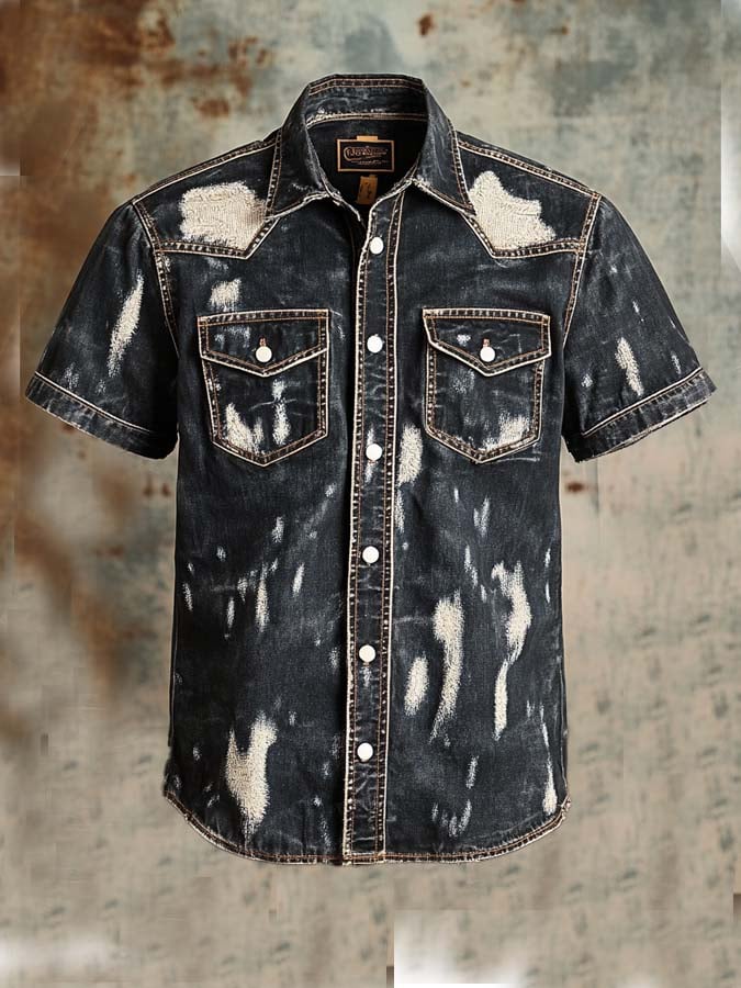 Men's vintage twill shirt with two pockets and short sleeves in a used look