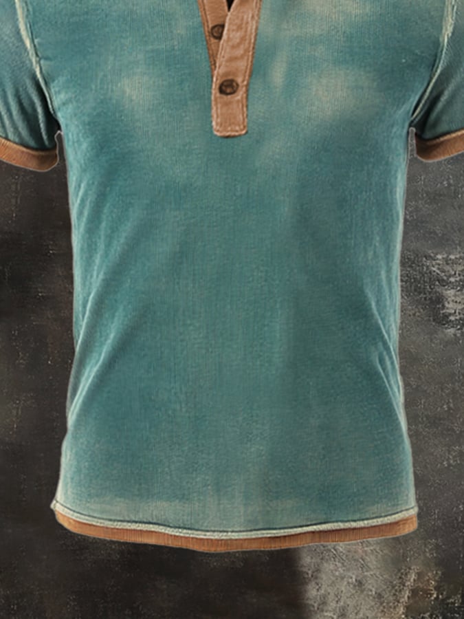 Men's Vintage Washed Cotton Casual Henley Short Sleeve T-Shirt