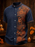 Men's Day Of The Dead Catrina Wearing Decorative Hat Print Stand Collar Short Sleeve Shirt