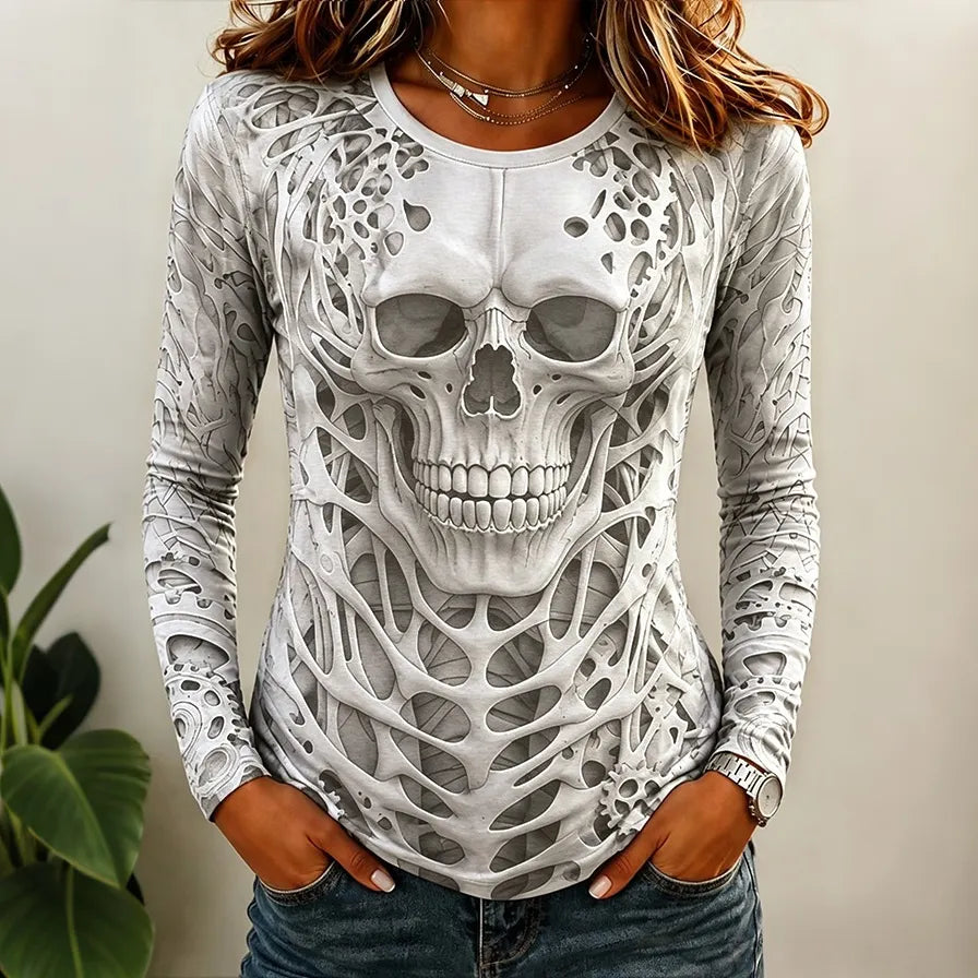 Women's Vintage Horror Face Print Comfy Long Sleeve T-shirt