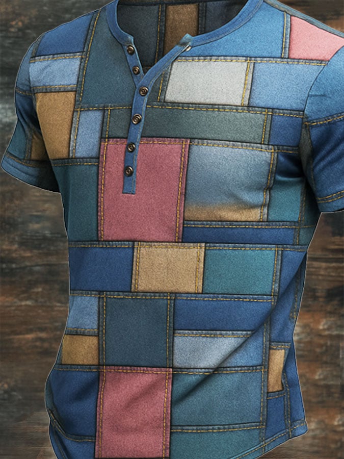 Men's vintage-look patchwork print Henley T-shirt with short sleeves