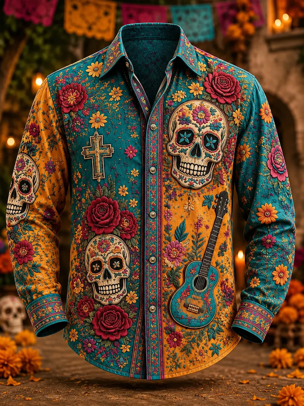 Men's Day Of The Dead Dual Skull Cross Guitar Bohemian Floral Print Long Sleeve Shirt