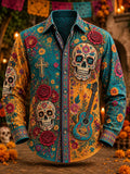 Men's Day Of The Dead Dual Skull Cross Guitar Bohemian Floral Print Long Sleeve Shirt