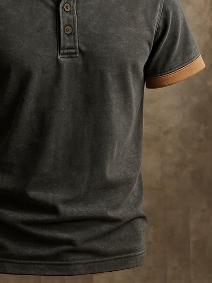 Men's vintage-style Henley print short-sleeved T-shirt