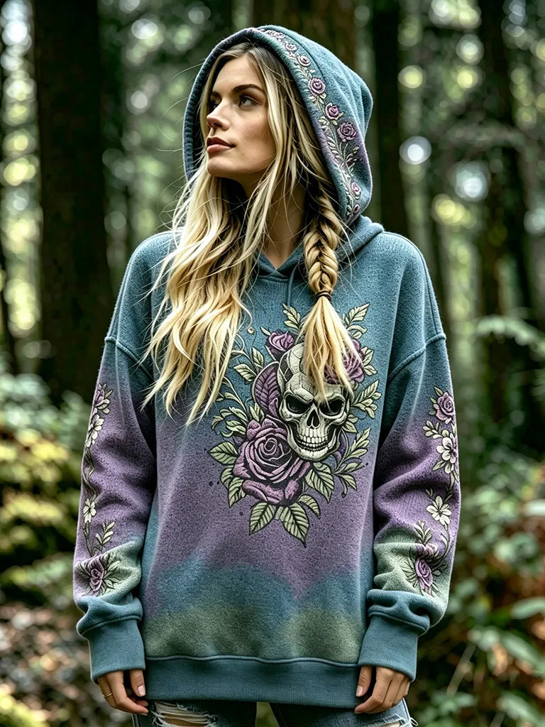 Women's Retro Viking Skull And Rose Pattern Casual Warm Hooded Sweater