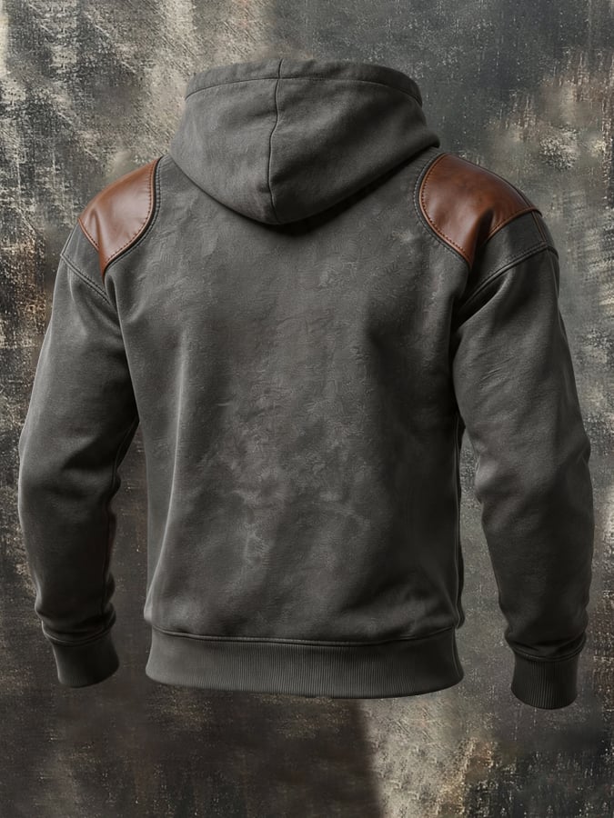 Men'S Retro Color-Block Hoodie With Leather Paneling