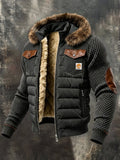 Men’S Vintage-Style Fleece-Lined Hooded Jacket With Contrast Leather Paneling (Detachable Fur Collar)
