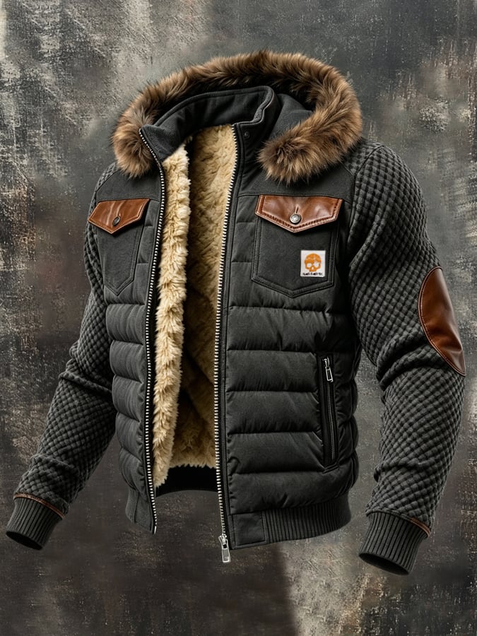 Men’S Vintage-Style Fleece-Lined Hooded Jacket With Contrast Leather Paneling (Detachable Fur Collar)