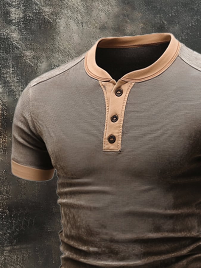 Men's casual retro color block Henley T-shirt