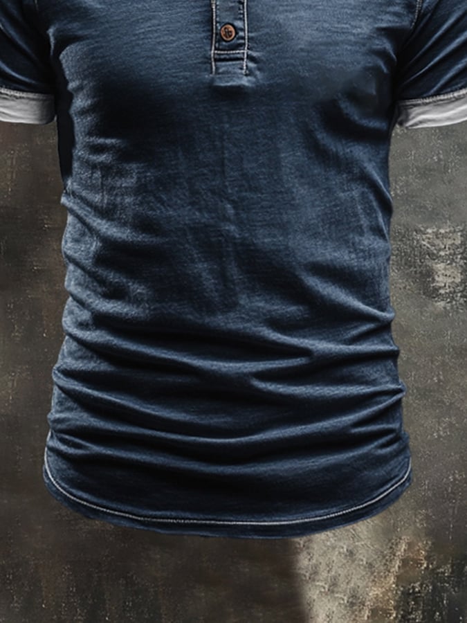 Men's casual retro wash colorblock short sleeve Henley T-shirt