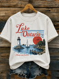 Vintage Ontario Lake Lighthouse And Sailboat Lakeside Pattern Canadian New York Lake Commemorative Top