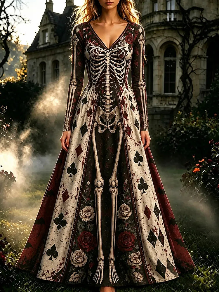 Women's Retro Halloween Gothic Skeleton Floral Pattern Print V-neck Maxi Dress