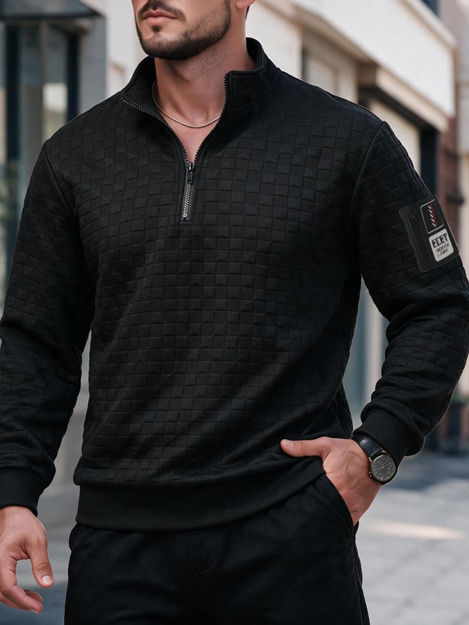 Men's Retro Textured Check Zip-Neck Sweatshirt