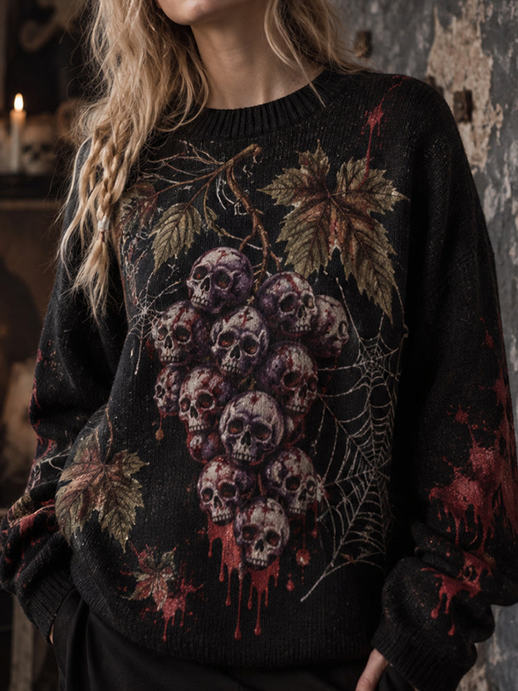Women's Gothic Skull Grape Graphic Casual Sweater