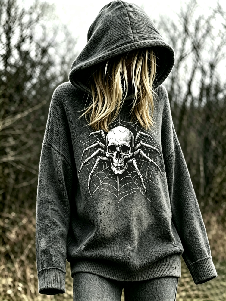 Women's Halloween Gothic Style Spider Skull Distressed Dye Sweater