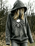 Women's Halloween Gothic Style Spider Skull Distressed Dye Sweater