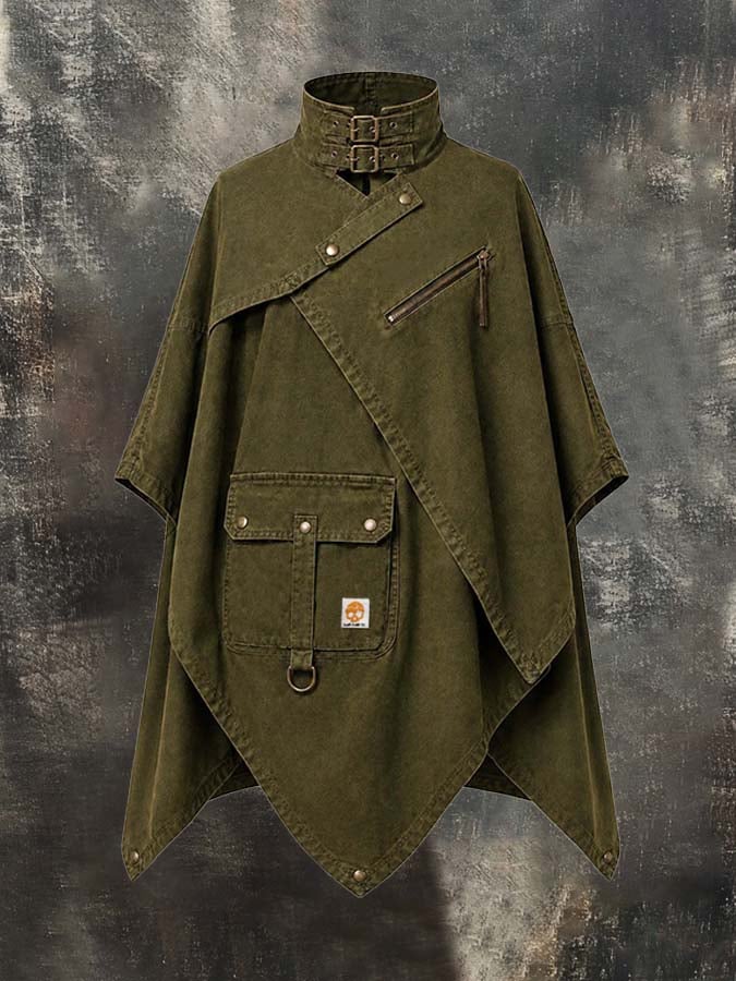 Men's Vintage-Style Distressed Workwear-Inspired Stand-Collar Cape/Cloak