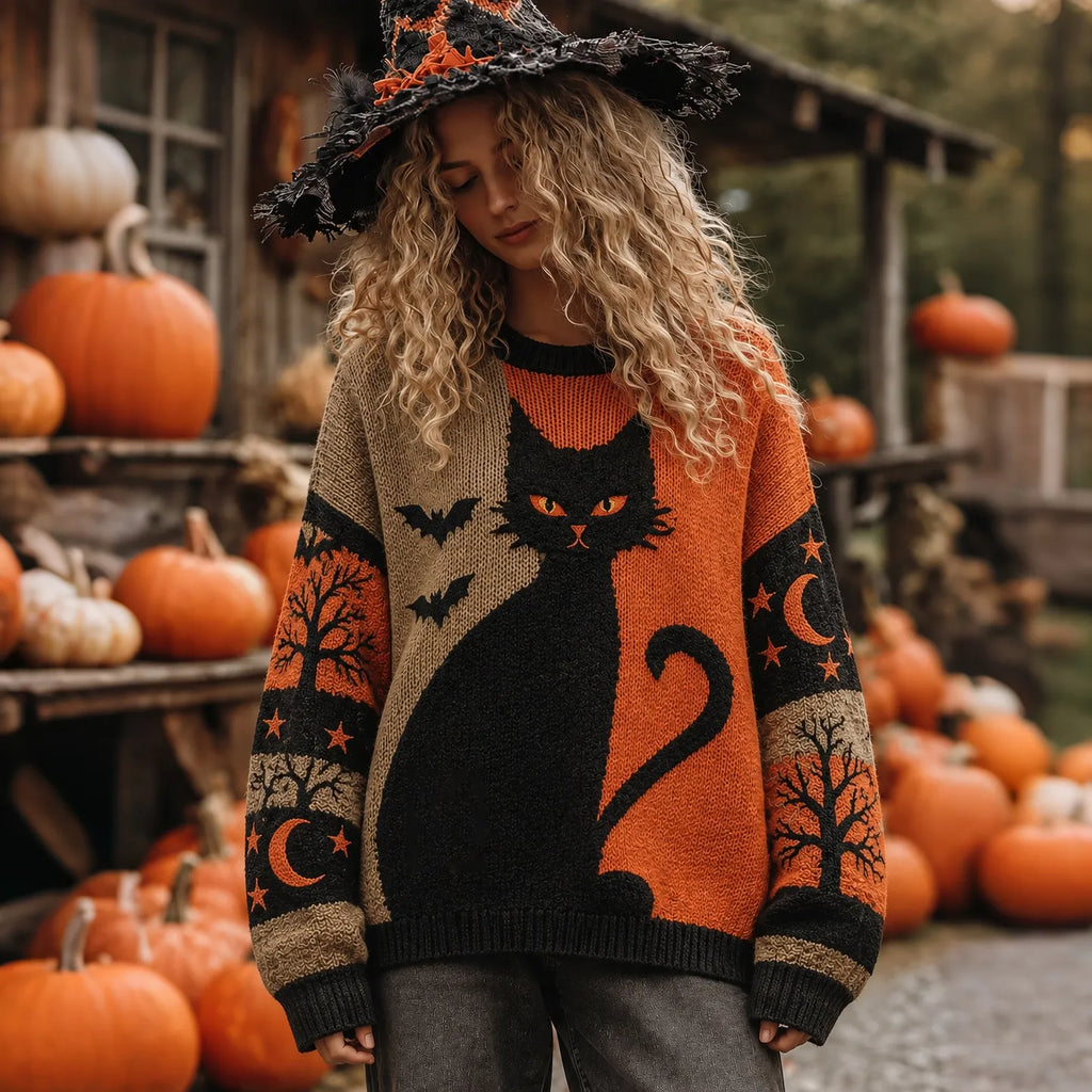 Women's Halloween Pumpkin Cat Print Knitted Comfort Round Neck Sweater