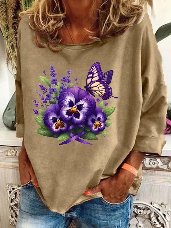 Women's Alzheimer's Awareness Purple Floral Print Casual Sweatshirt
