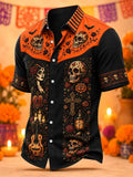 Men's Day Of The Dead Catrina Skull Cross Guitar Bottle Print Short Sleeve Buttons Shirt