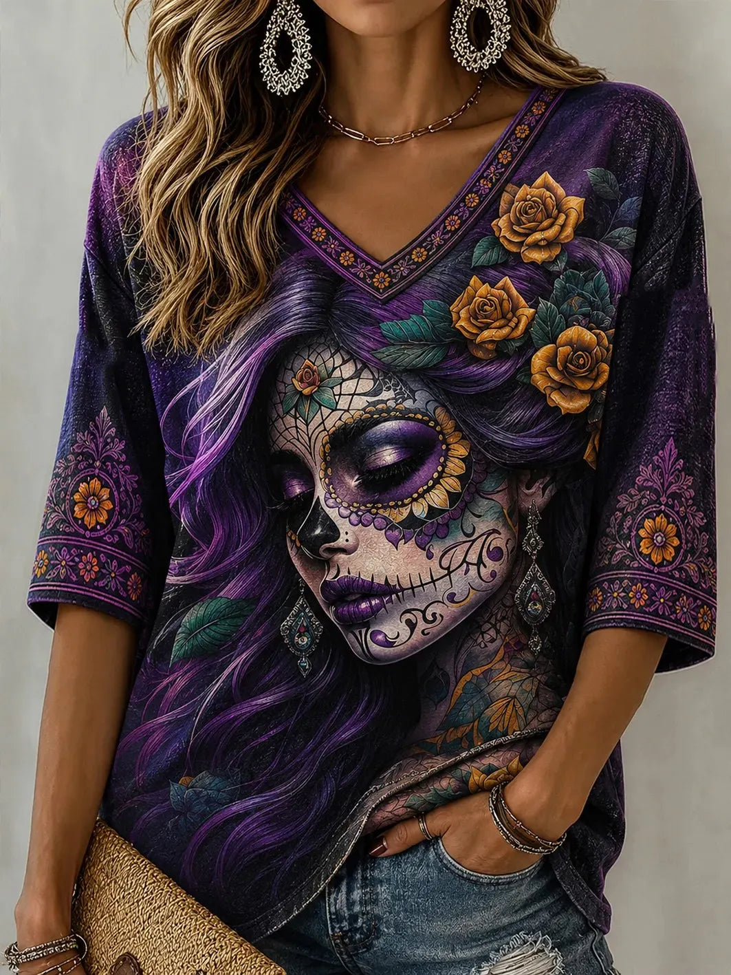 Women's Day Of The Dead Sugar Skull Girl and Roses Print 3/4 Sleeve V-Neck T-Shirt