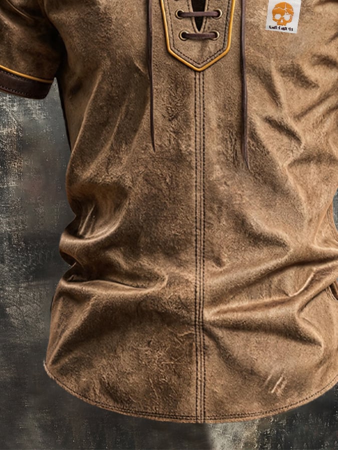 Men's Retro Faux Suede and Leather Panel Lace-Up T-Shirt