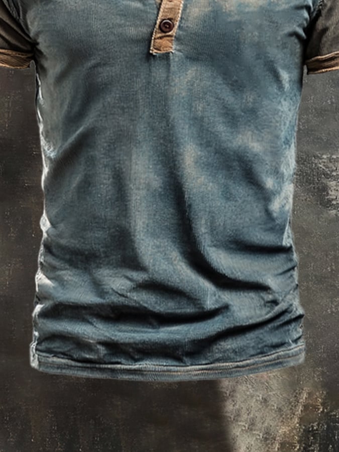 Men's casual retro wash colorblock Henley T-shirt