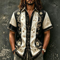 Men's Floral Music Note Strip Print Short Sleeve Buttons Shirt