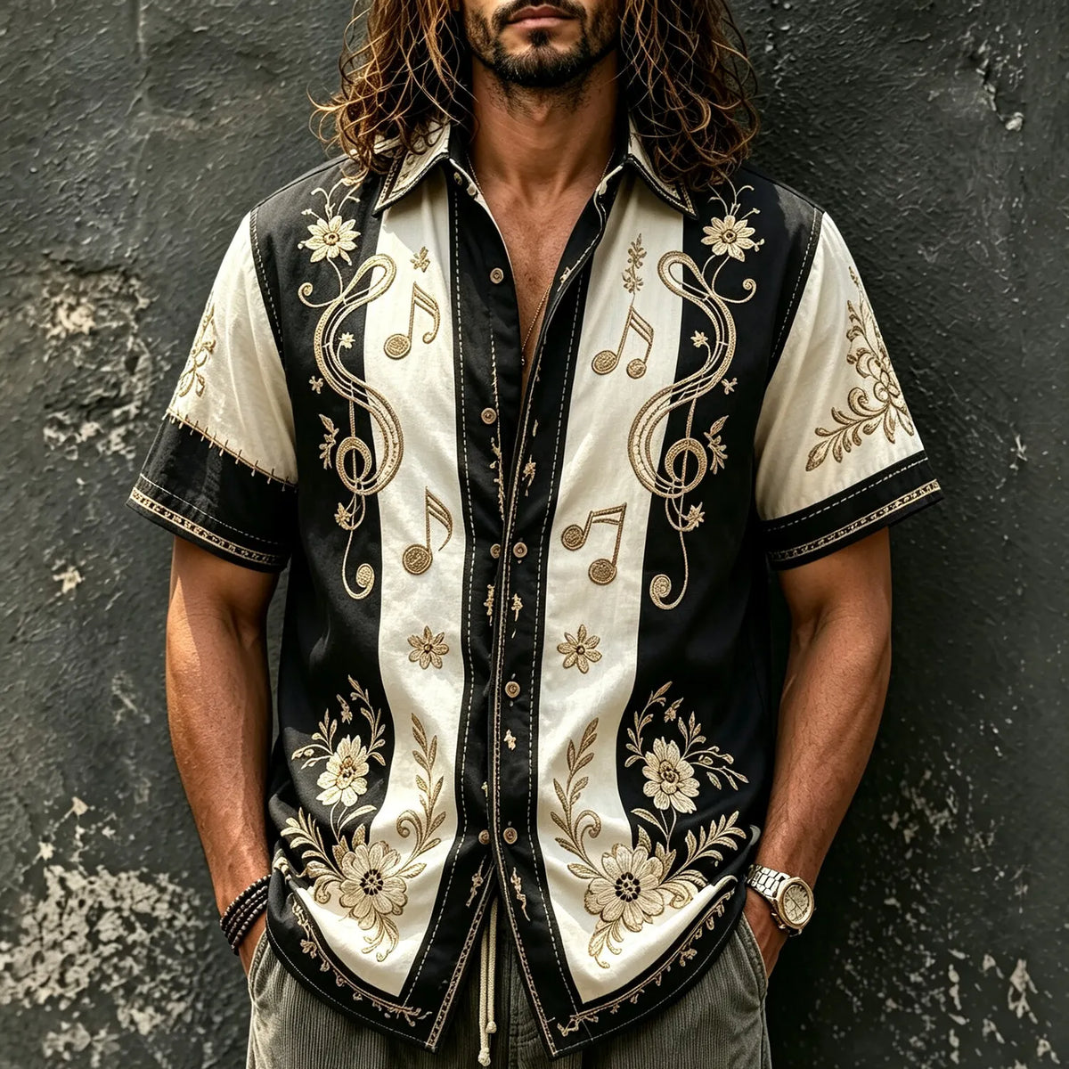 Men's Floral Music Note Strip Print Short Sleeve Buttons Shirt