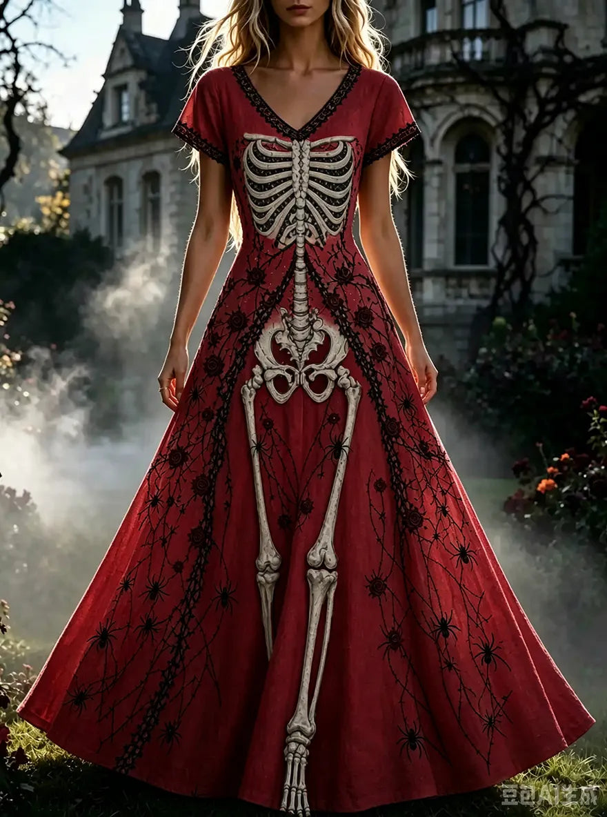 Women's  Retro Gothic Skull Floral Pattern Short Sleeves Maxi Halloween Dress