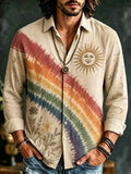 Men's Diagonal Rainbow Stripe Smiling Sun Moon And Floral Print Long Sleeve Shirt