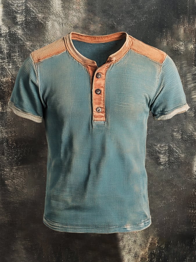 Men's Casual Waffle Colorblock Henley Short Sleeve T-Shirt