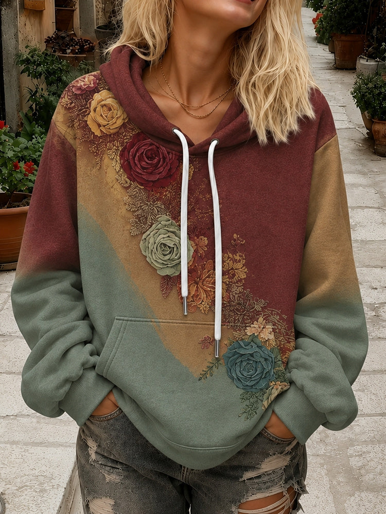 The Sunset Collection Women's Classic Bohemian Floral And Rose Gradient Print Round Neck Hoodie