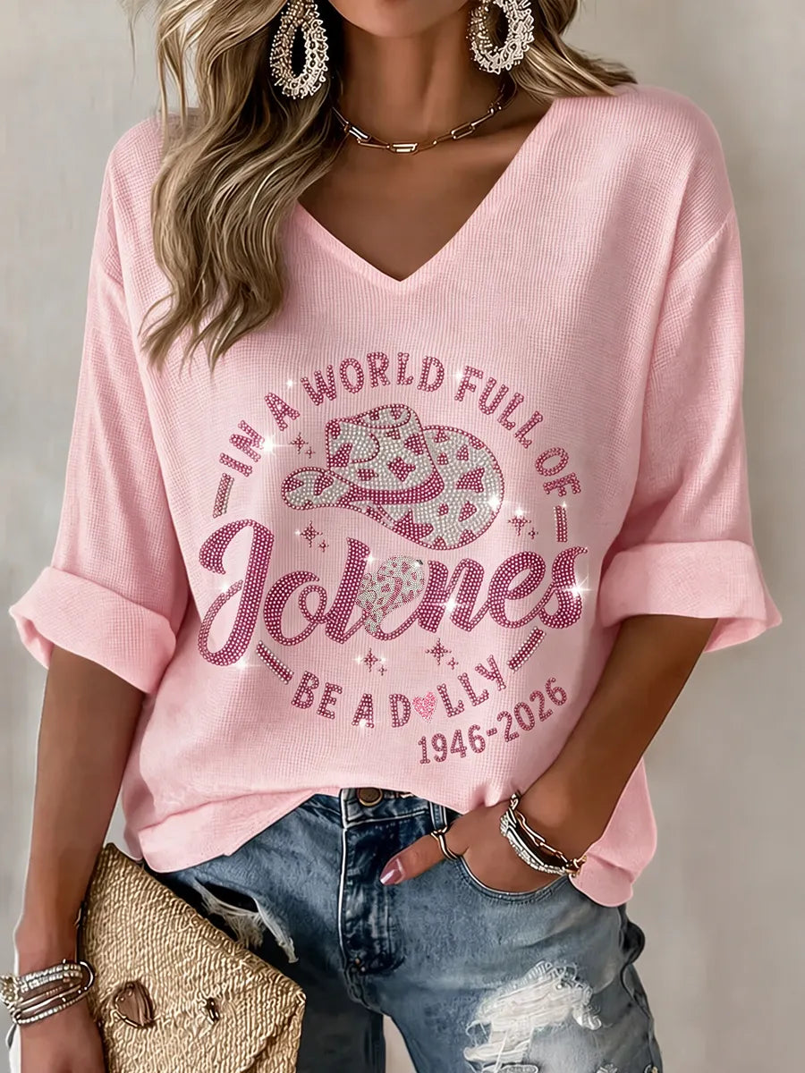 Women's commemorative pattern Waffle V-neck top