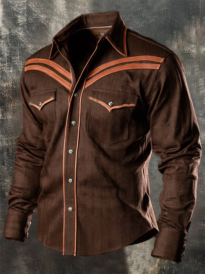 Men's Vintage-Style Color-Block Western Leather Shirt