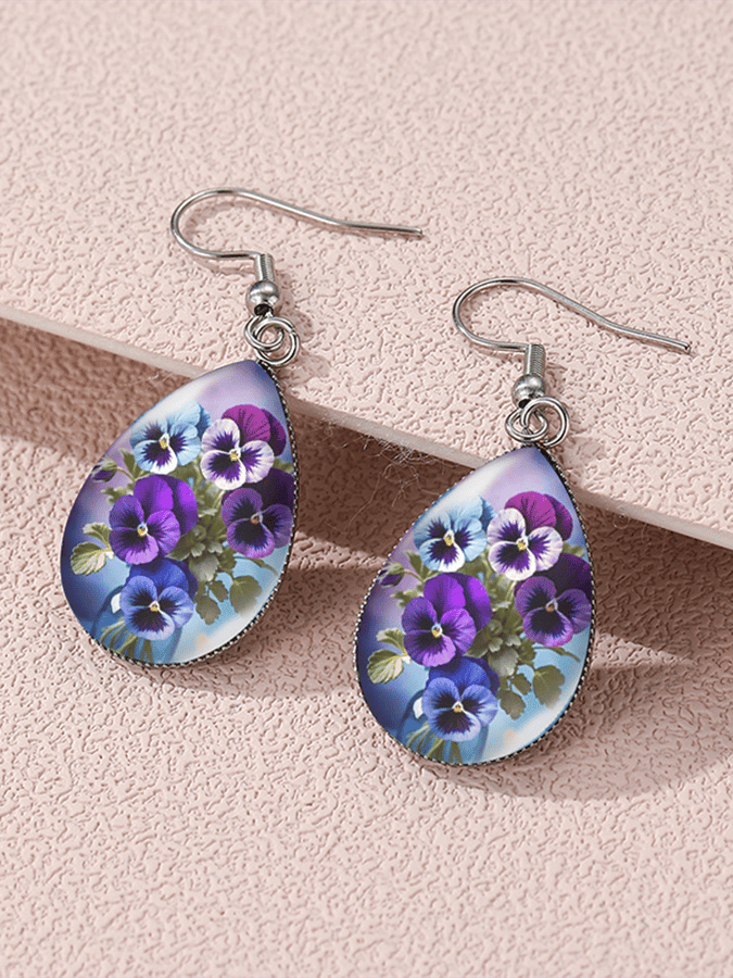 Purple Drop-Shaped Pansy Flower Design Earrings