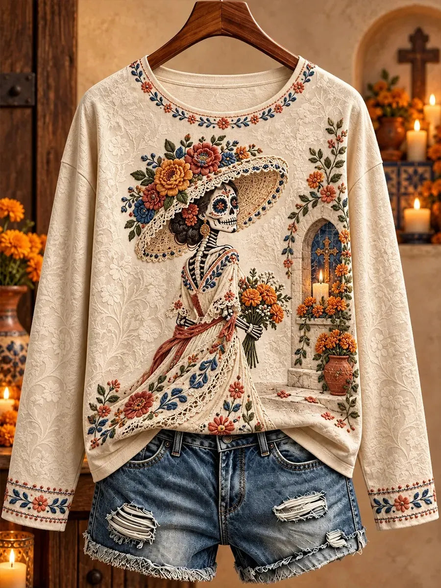 Women's Day Of The Dead Skeleton Lady With Wide Lace Hat Holding Flower Bouquet Print Crew Neck Long Sleeve Top
