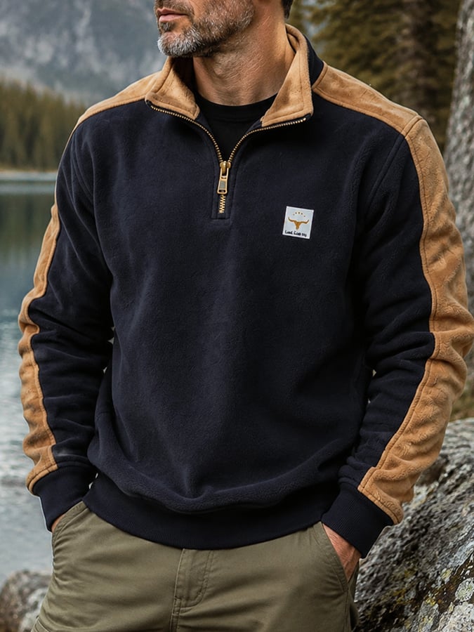 Men's Retro Textured Waffle-Knit Fleece-Lined Zip-Neck Sweatshirt