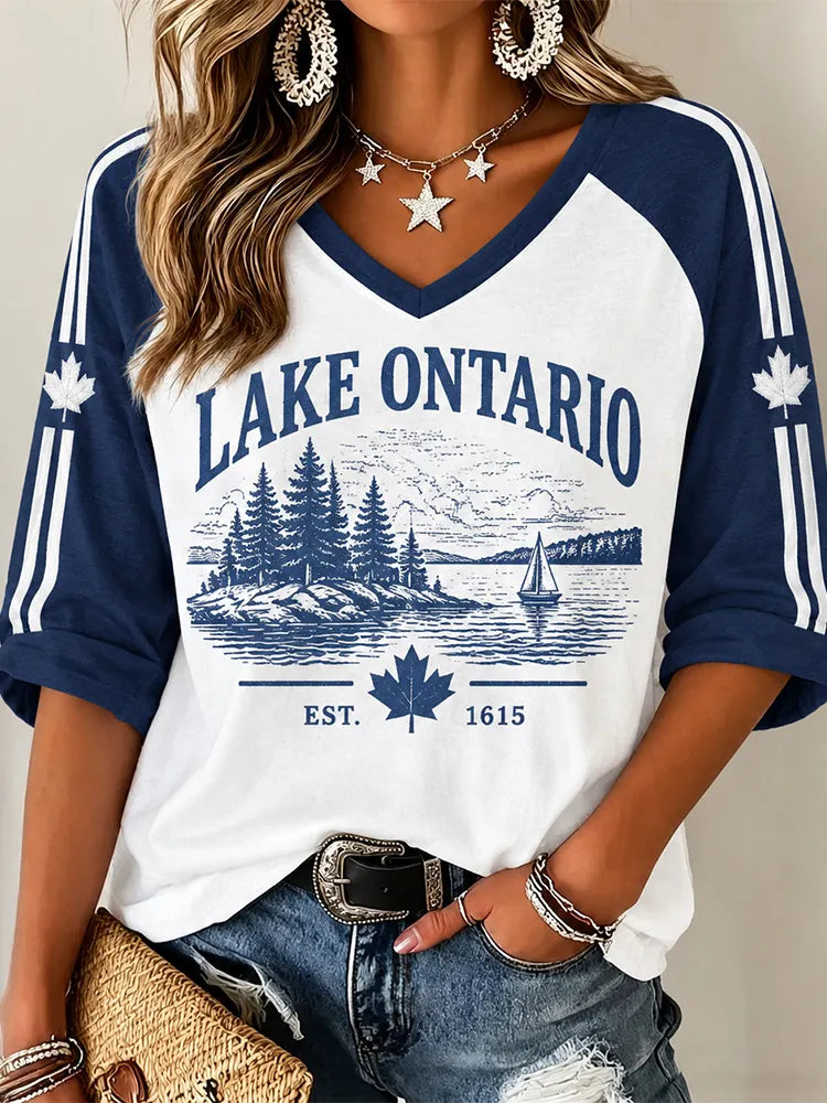 Women's Lake Ontario Pattern Print Raglan Sleeve Short Sleeve T-shirt