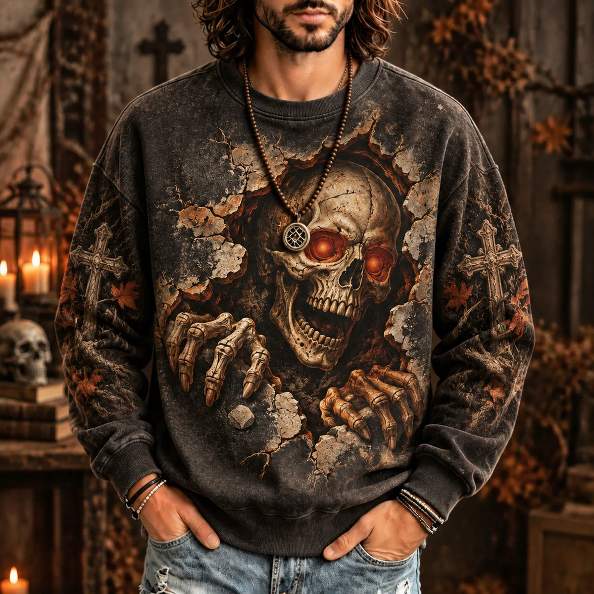 Men's Vintage-wash Distressed Halloween Skull Crewneck Sweatshirt