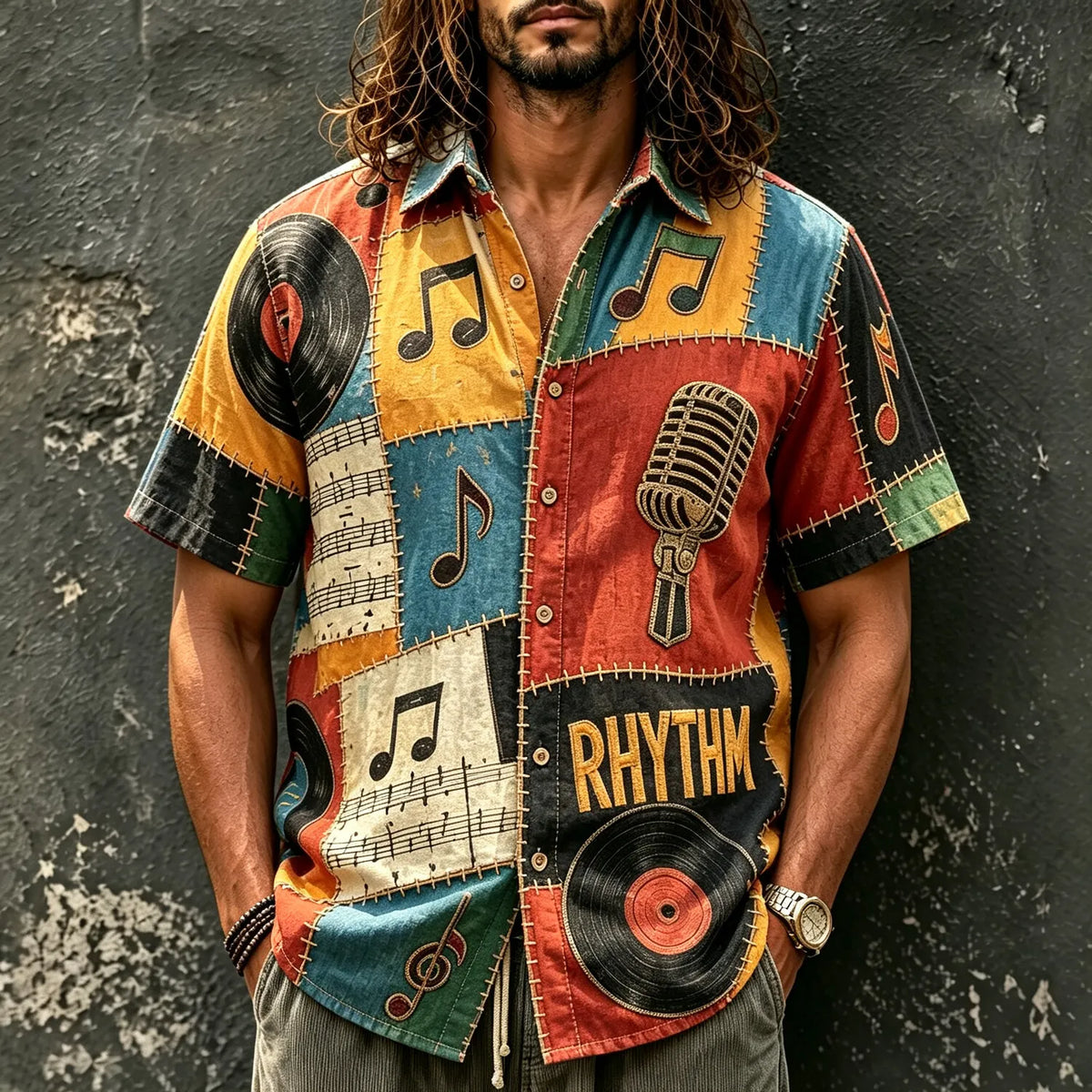 Men's Vintage Mic Music Note Print Short Sleeve Buttons Shirt