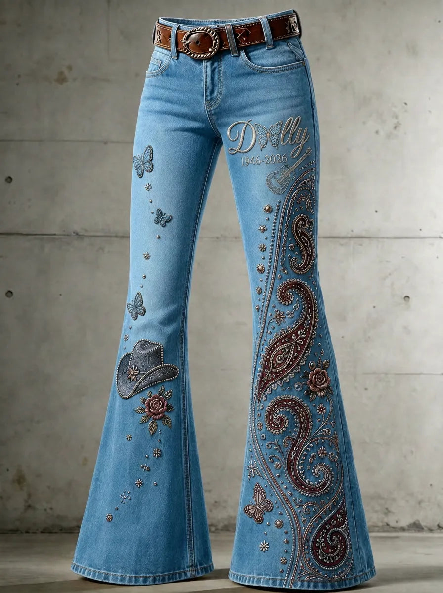 Women's Dolly Parton Butterfly Paisley Guitar Printed Flare Jeans