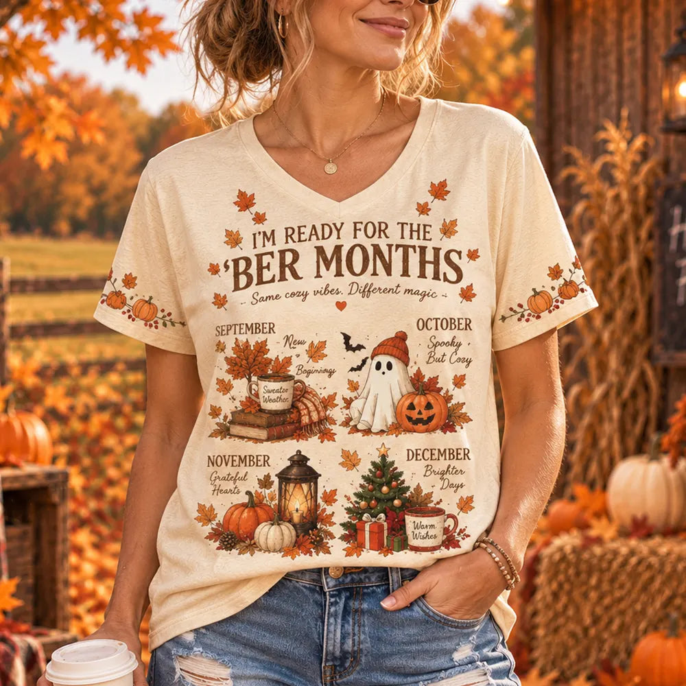 Women's Autumn Ber Months Seasonal Graphic V-neck Short Sleeve T-shir