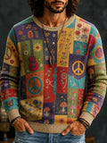 Men's Colorful Block‐Divided Music Flower Butterfly Peace Graphics Print Round Neck Sweater