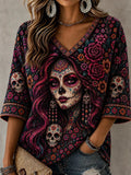 Women's Day Of The Dead Plant Flower And Skull Pattern Print Casual Mid-length Sleeves V-Neck T-Shirt