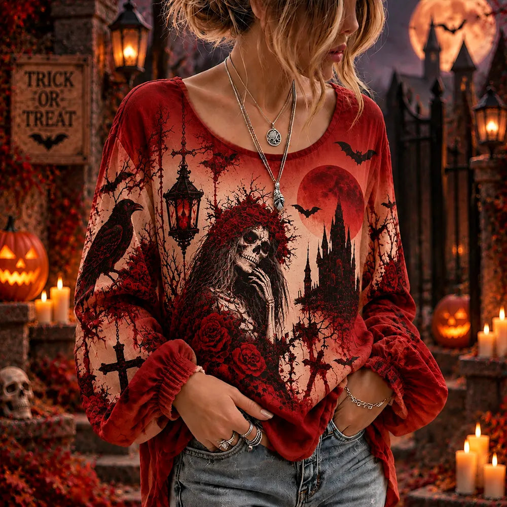 Women's Halloween Gothic Skull & Red Rose Oversized Long Sleeve Top