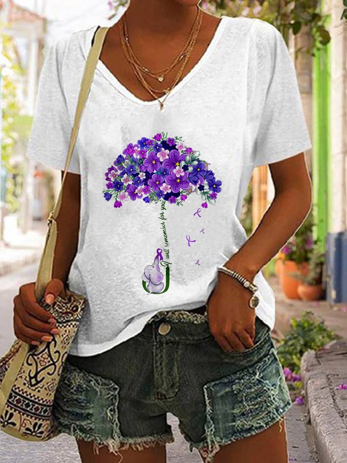 V-neck  Alzheimer's Awareness I Wear Purple For My Mother Print T-Shirt
