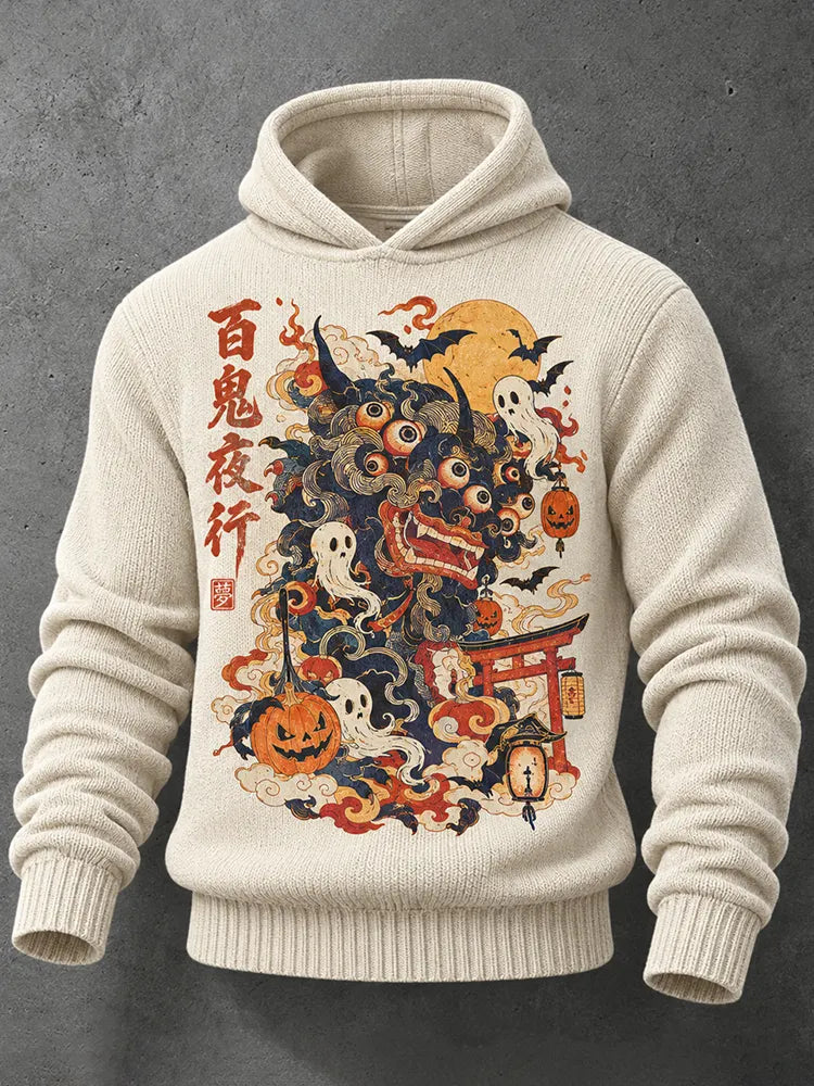 Men's Japanese Hyakki Yagyo Demon Pumpkin Ghost Knitted Hoodie