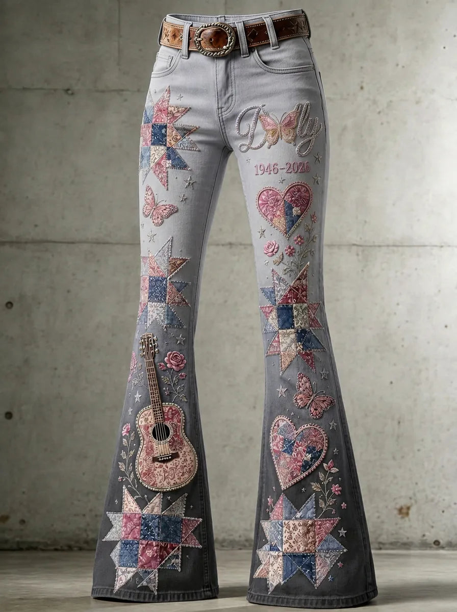 Women's Dolly Parton Guitar Butterfly Quilt Printed Flare Jeans