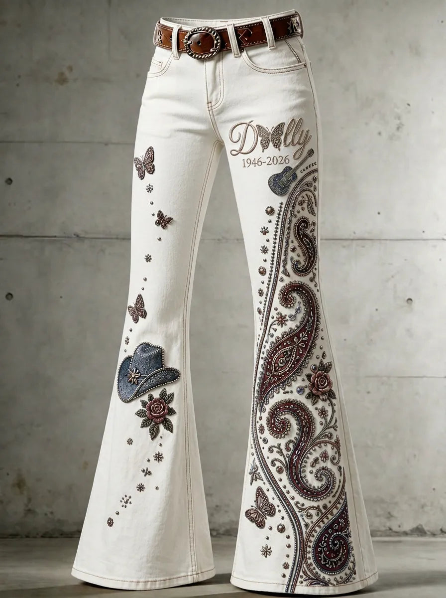 Women's Dolly Parton Butterfly Paisley Guitar Printed Flare Jeans